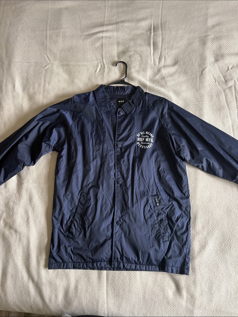 HUF Navy Windbreaker Coach Jacket with White Chest Logo